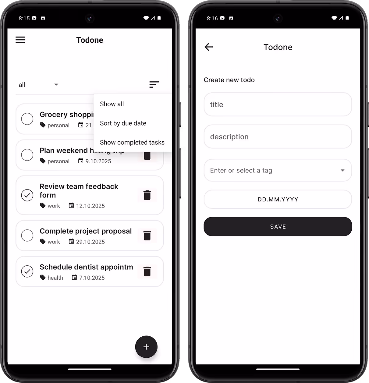 Home screen with filter options and the add new task form